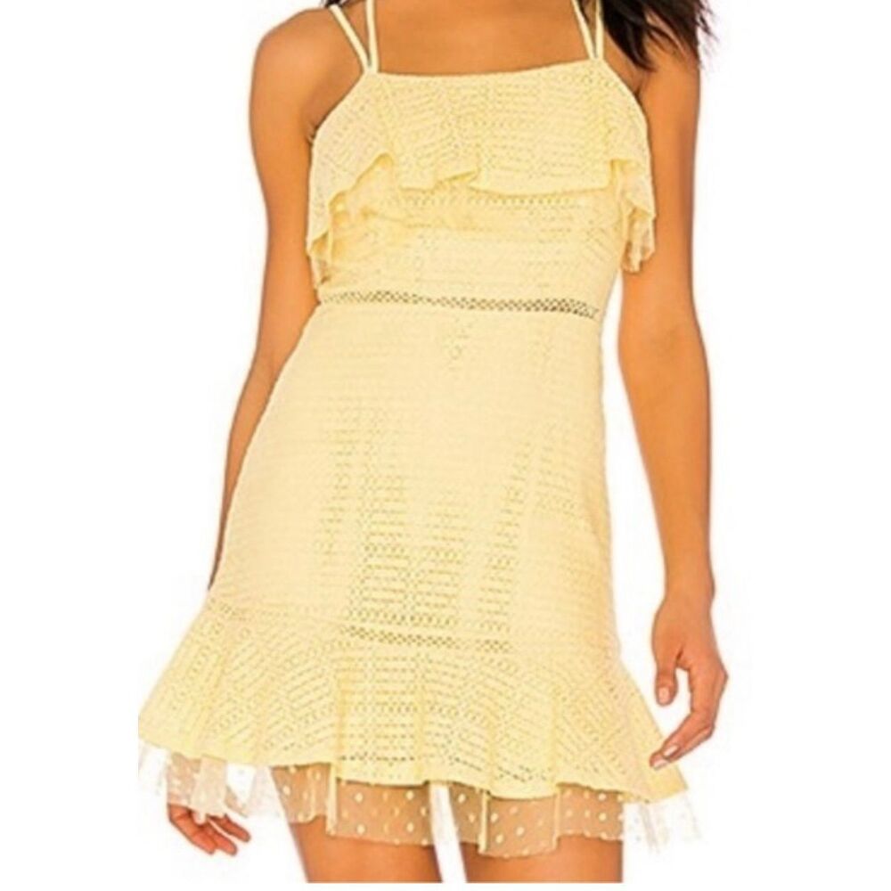 NWT J.O.A. Women's Lace Detail Ruffle Hem Sleeveless Mini Dress Yellow Medium